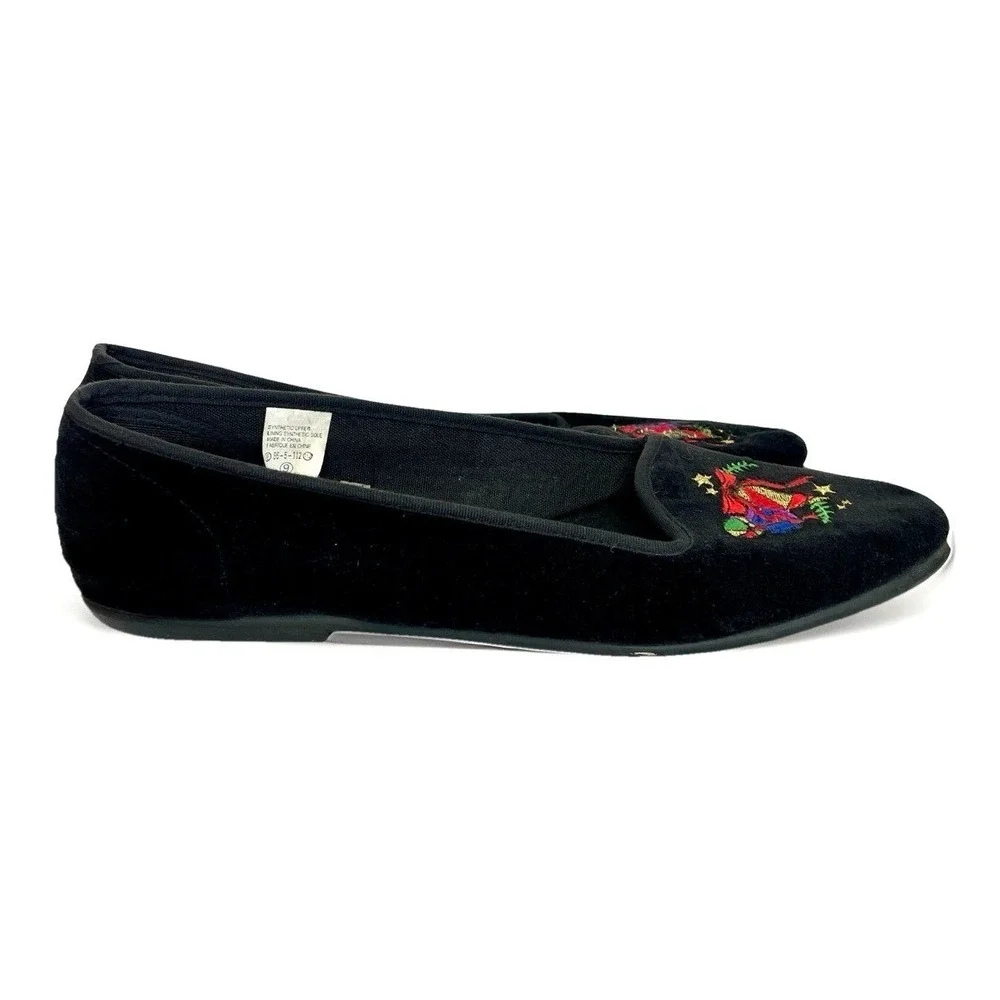 Tinsel Toes‎ Womens Black Velvet Holiday Christmas Bell Embroidered Flats Size 9